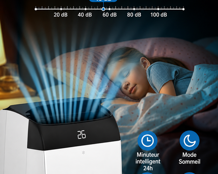 Climatiseur portable 3 en 1 - 10000 BTU (+40m²) – Silencieux - Refroidissement, déshumidification 30 L jour, ventilateur 2 vitesses – minuterie 24 h, affichage numérique