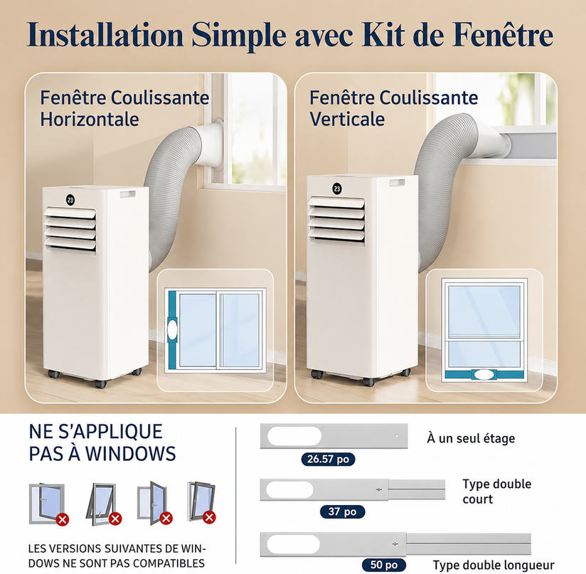 Climatiseur Mobile 9000 BTU (+30m²) 4 en 1 Silencieux - Télécommande, Minuterie 24h & Mode Sommeil,Clim Mobile pour Maison et Bureau,Kit d'Évacuation par Fenêtre Inclus
