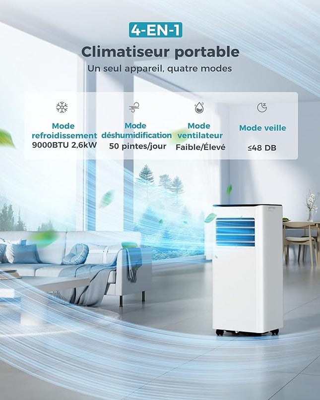 Climatiseur mobile 9000 BTU (+30m²) 2,6 kW (avec télécommande), climatiseur portable quatre en un, fonctionnement silencieux, écran LED, minuterie 24 heures