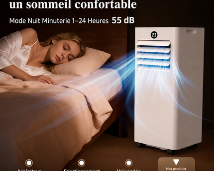 Climatiseur Mobile 9000 BTU (+30m²) 4 en 1 Silencieux - Télécommande, Minuterie 24h & Mode Sommeil,Clim Mobile pour Maison et Bureau,Kit d'Évacuation par Fenêtre Inclus